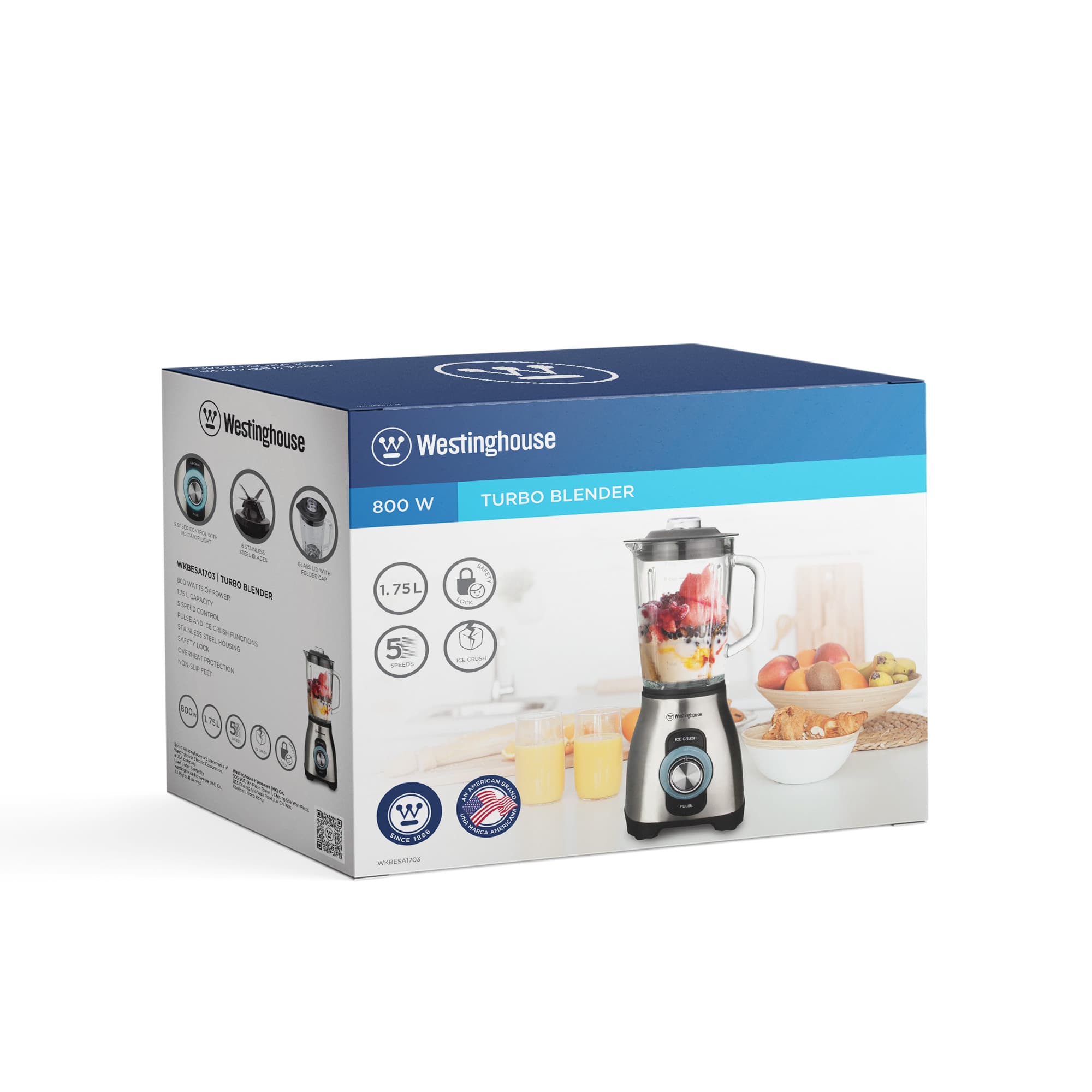 Westinghouse licuadora 800W vidrio 1.7L 5 veloc inox